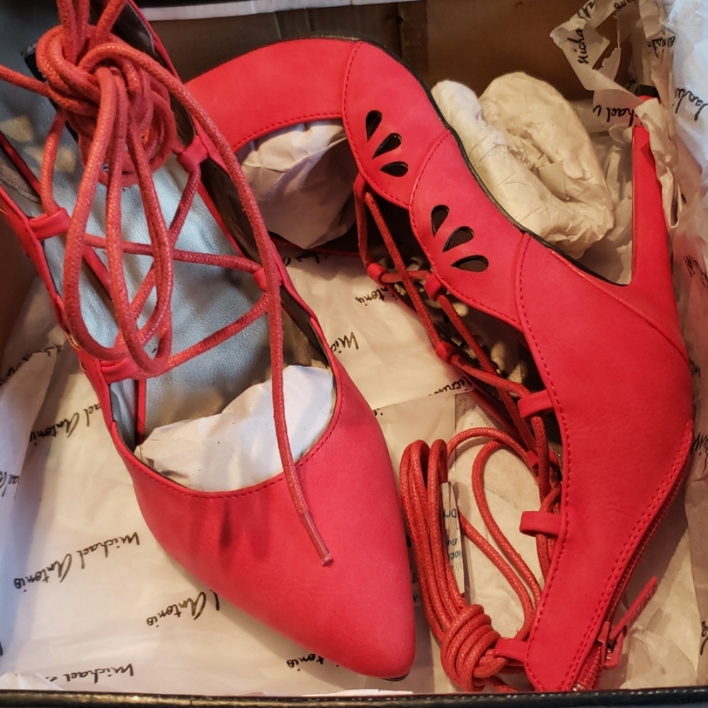 Michael Antonio NEW Heel Lace Up Gladiator Strappy Stiletto Pumps Sexy RED Women - Picture 7 of 12